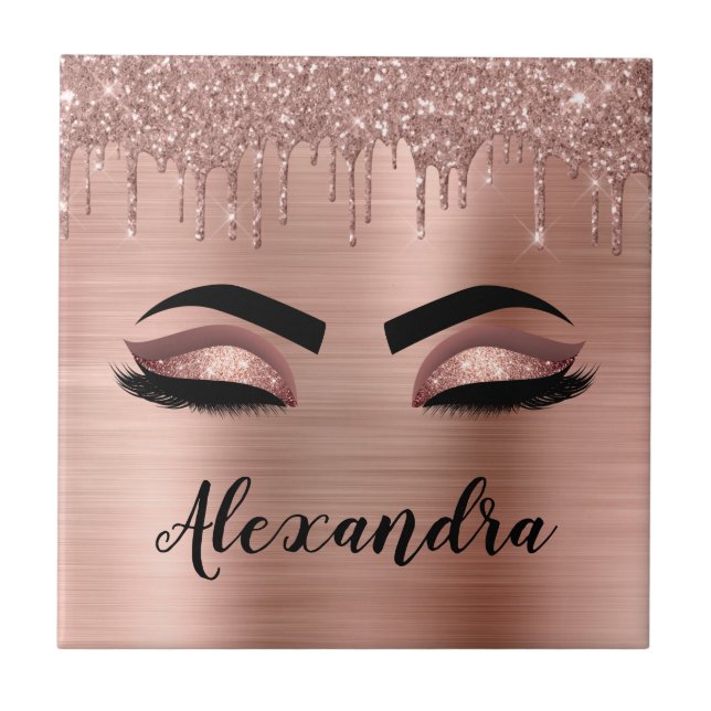 Rose Gold Glitter Sparkle Eyelashes Monogram Name Fliese (Vorderseite)