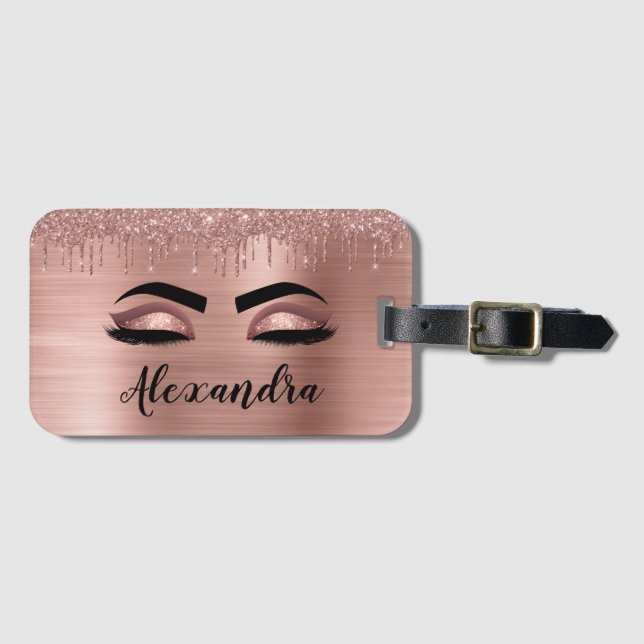 Rose Gold Glitter Sparkle Eyelashes Monogram Name Gepäckanhänger (Vorderseite (Horizontal))