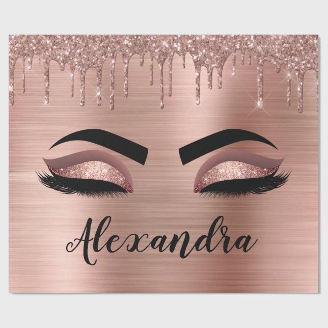 Rose Gold Glitter Sparkle Eyelashes Monogram Name Geschenkpapier (Flach)