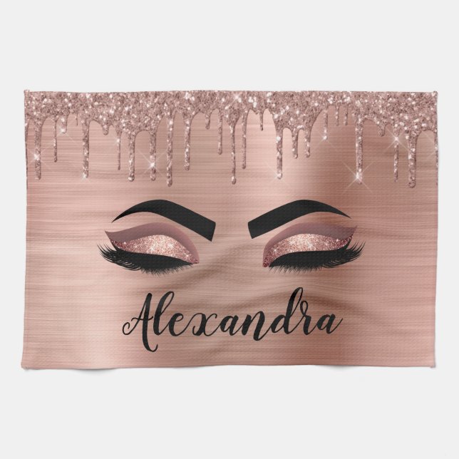 Rose Gold Glitter Sparkle Eyelashes Monogram Name Geschirrtuch (Horizontal)