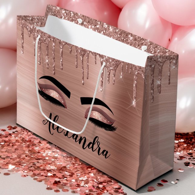 Rose Gold Glitter Sparkle Eyelashes Monogram Name Große Geschenktüte (Von Creator hochgeladen)