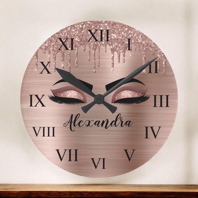 Rose Gold Glitter Sparkle Eyelashes Monogram Name Große Wanduhr (Von Creator hochgeladen)