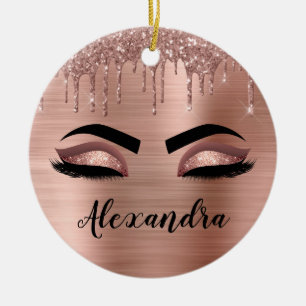 Rose Gold Glitter Sparkle Eyelashes Monogram Name Keramik Ornament