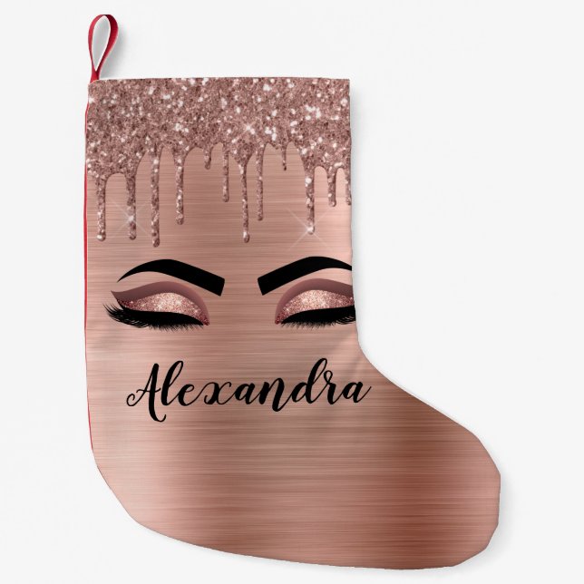 Rose Gold Glitter Sparkle Eyelashes Monogram Name Kleiner Weihnachtsstrumpf (Vorderseite)