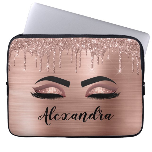 Rose Gold Glitter Sparkle Eyelashes Monogram Name Laptopschutzhülle (Vorderseite)