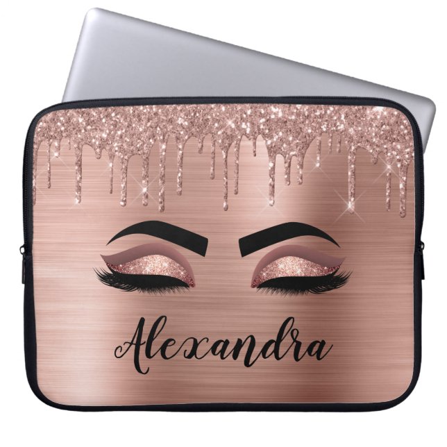 Rose Gold Glitter Sparkle Eyelashes Monogram Name Laptopschutzhülle (Vorderseite)