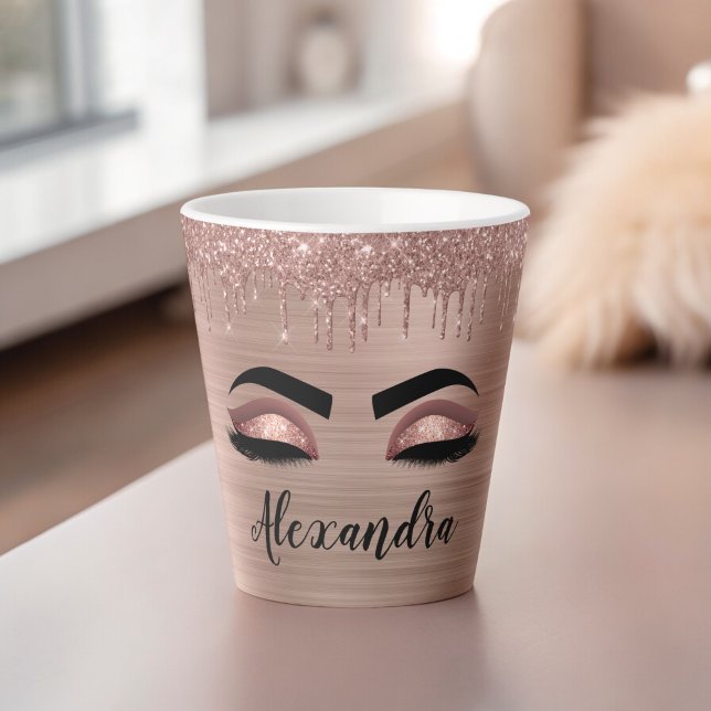Rose Gold Glitter Sparkle Eyelashes Monogram Name Milchtasse (Von Creator hochgeladen)