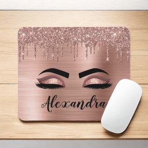 Rose Gold Glitter Sparkle Eyelashes Monogram Name Mousepad
