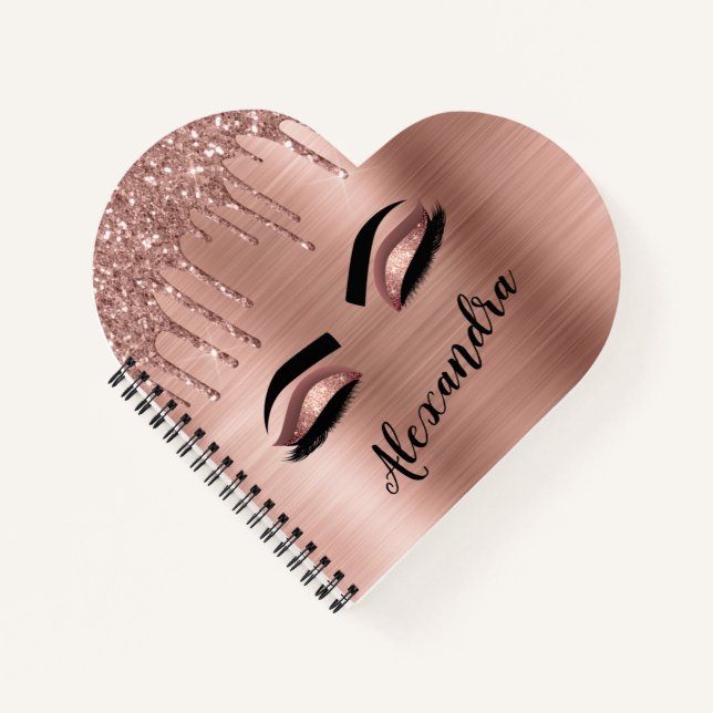 Rose Gold Glitter Sparkle Eyelashes Monogram Name Notizbuch (Vorderseite)