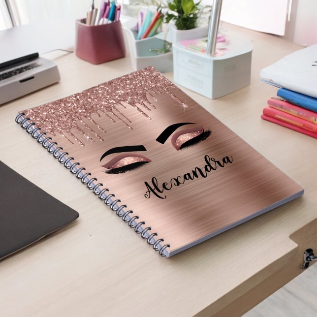 Rose Gold Glitter Sparkle Eyelashes Monogram Name Notizbuch (Von Creator hochgeladen)