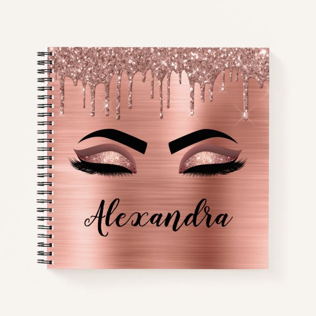 Rose Gold Glitter Sparkle Eyelashes Monogram Name Notizbuch (Vorderseite)