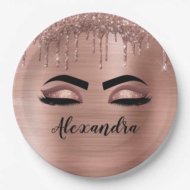 Rose Gold Glitter Sparkle Eyelashes Monogram Name Pappteller (Vorderseite)