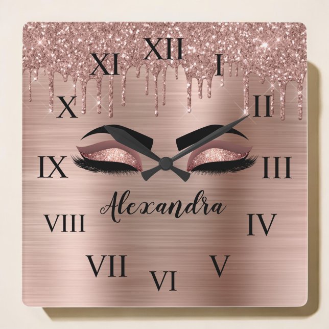 Rose Gold Glitter Sparkle Eyelashes Monogram Name Quadratische Wanduhr (Von Creator hochgeladen)