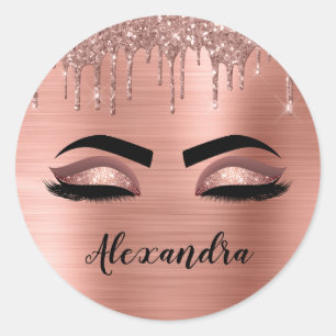 Rose Gold Glitter Sparkle Eyelashes Monogram Name Runder Aufkleber