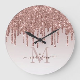 Rose Gold Glitter Sparkle Glam Dripping Monogram Große Wanduhr