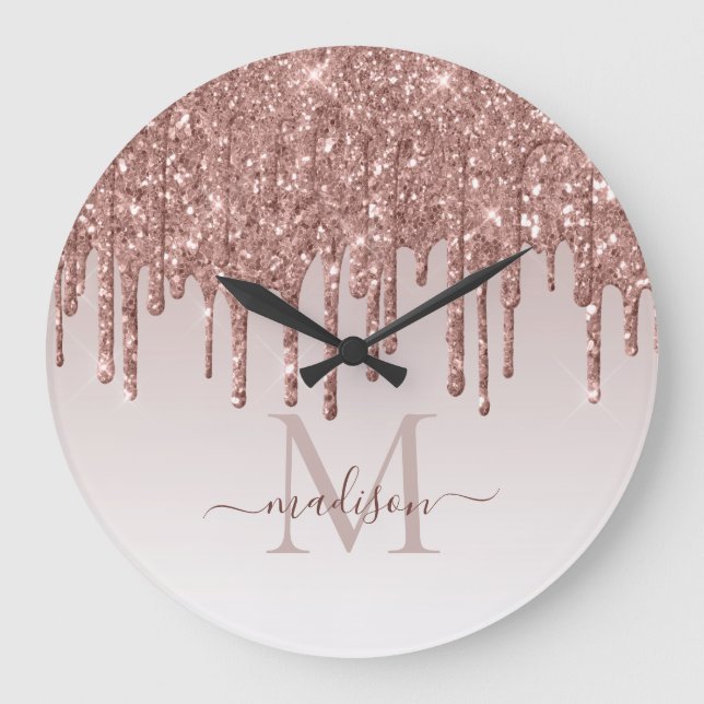 Rose Gold Glitter Sparkle Glam Dripping Monogram Große Wanduhr (Vorderseite)