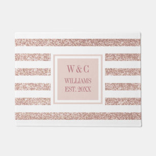 Rose Gold Glitter Streifen Monogramm Familienname Fußmatte