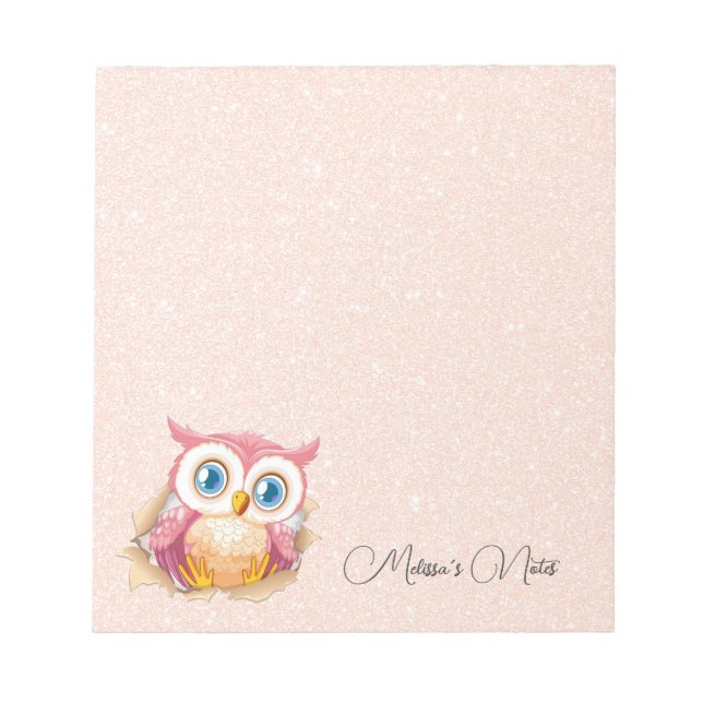 Rose Gold Glitter Süße Eule Mit Namen Notizblock (Vorderseite)