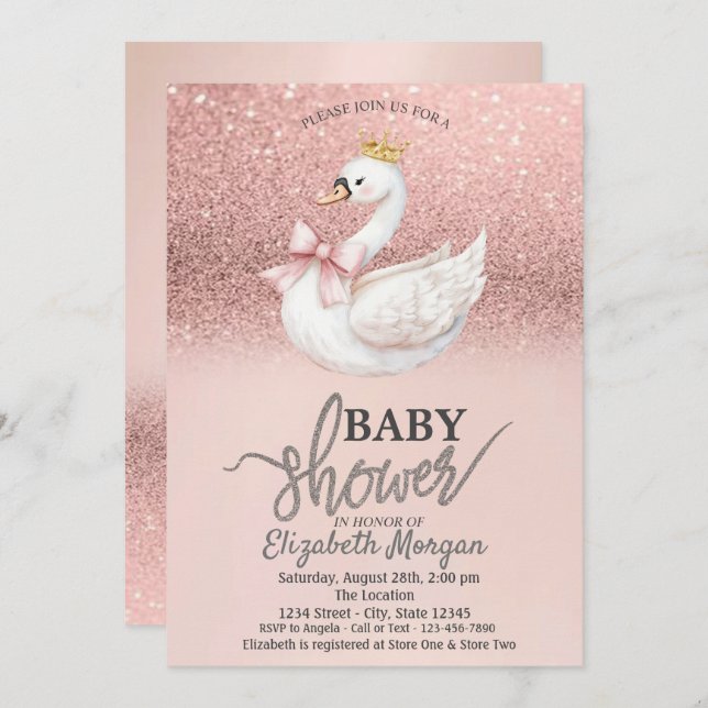 Rose Gold Glitter,Swan Bow Crown Baby Shower  Einladung (Vorne/Hinten)