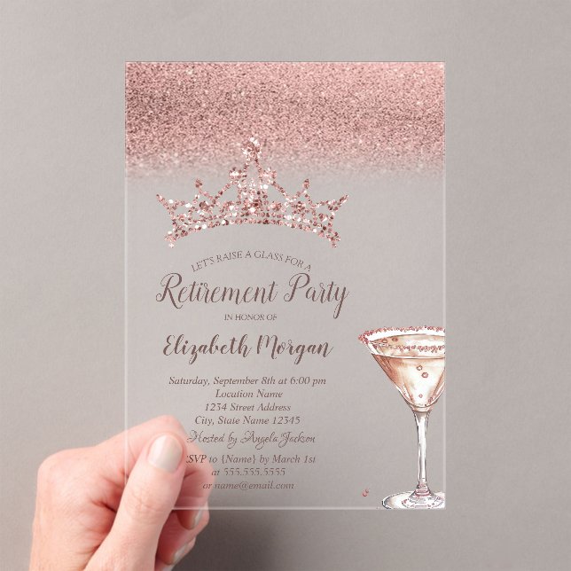 Rose Gold Glitter Tiara Martini Glass Retirement  Acryleinladungen (Insitu (Handheld))