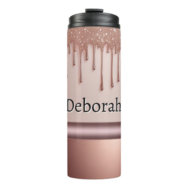 Rose Gold Glitter-Tropf Custom-Name Thermosbecher (Vorderseite)
