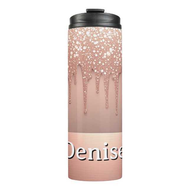 Rose Gold Glitter-Tropf Custom-Name Thermosbecher (Vorderseite)
