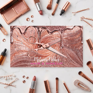 Rose Gold Glitter Tropf Schere Haar & Make-up  Visitenkarte