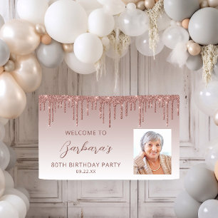 Rose Gold Glitter-Tropf-Script-Foto zum 80. Geburt Banner
