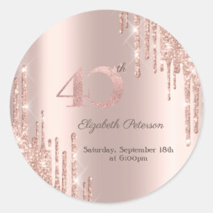 Rose Gold Glitter Tropfen 40. Geburtstagsfeier Runder Aufkleber