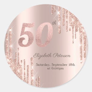 Rose Gold Glitter Tropfen 50. Geburtstagsfeier Runder Aufkleber