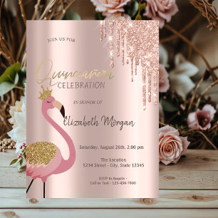 Rose Gold Glitter-Tropfen Pink Flamingo Quinceañer Einladung
