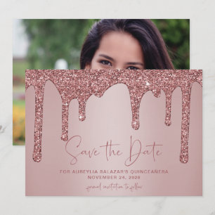 Rose Gold Glitter Tropfen Quinceanera Save the Dat Date