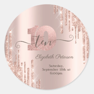 Rose Gold Glitter-Tropfen zum 10. Geburtstag in Ro Runder Aufkleber