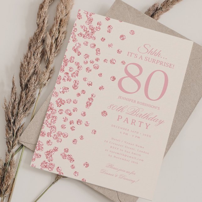 Rose Gold Glitter Überraschung 80. Geburtstag Cham Einladung (Rose Gold Glitter Surprise 80th Birthday Champagn Invitation)