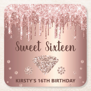Rose Gold Glitter und Diamant Sweet 16 Rechteckiger Pappuntersetzer