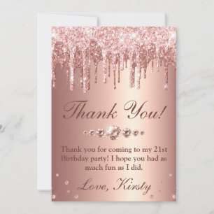 Rose Gold Glitter und Diamanten Geburtstag tropfen Dankeskarte