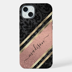 Rose Gold Glitter und schwarzes Damast-Design pers iPhone 15 Plus Hülle