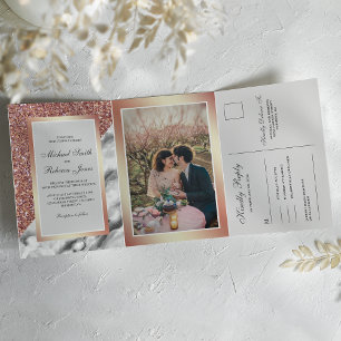 Rose Gold Glitter Weiße Marmor All-in-One-Hochzeit Dreifach Gefaltete Einladung