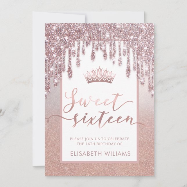 Rose gold glitterige Tropfen ombre tiara Einladung (Vorderseite)