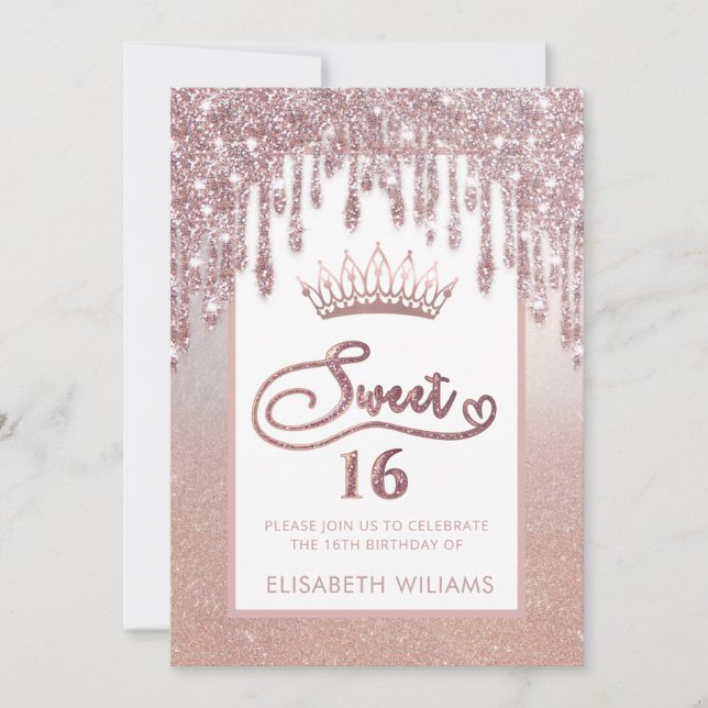 Rose gold glitterige Tropfen ombre tiara Einladung (Vorderseite)