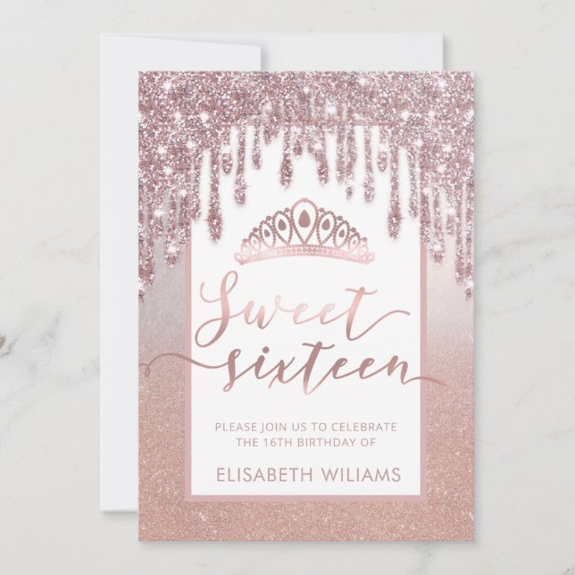 Rose gold glitterige Tropfen ombre tiara Einladung (Vorderseite)