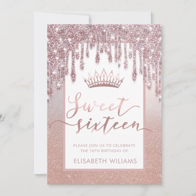 Rose gold glitterige Tropfen ombre tiara Einladung (Vorderseite)
