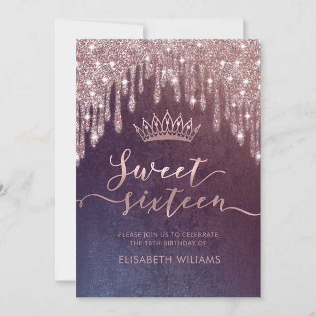 Rose gold glitterige Tropfen ombre tiara Einladung (Vorderseite)