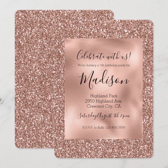Rose Gold Glitz Stylish Glam Glitzer Einladung (Vorne/Hinten)