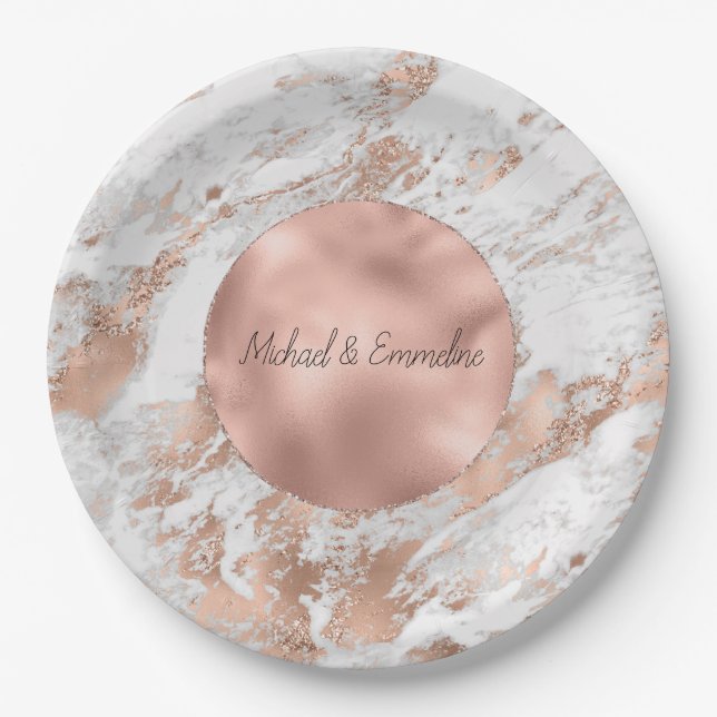 Rose Gold Glitz White Marble Wedding Pappteller (Vorderseite)