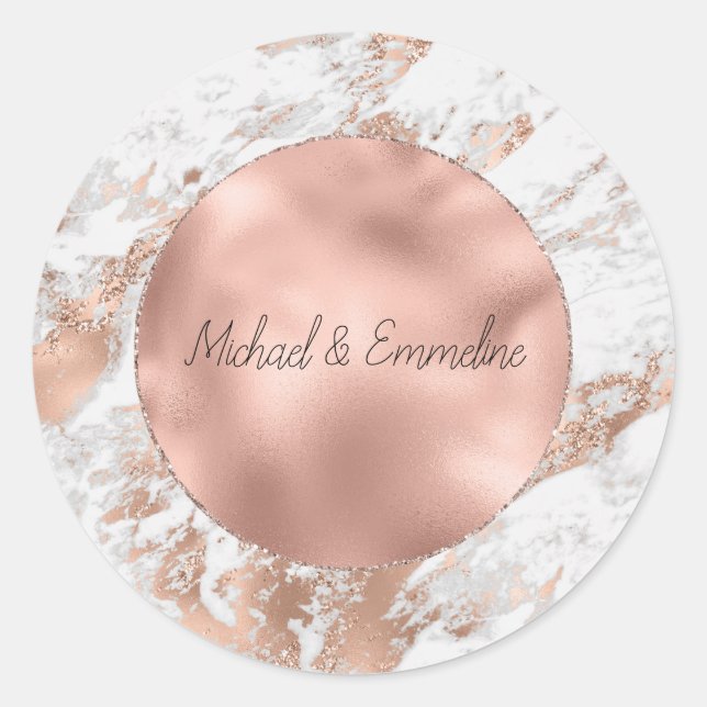 Rose Gold Glitz White Marble Wedding Runder Aufkleber (Vorderseite)