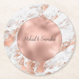Rose Gold Glitz White Marble Wedding Runder Pappuntersetzer