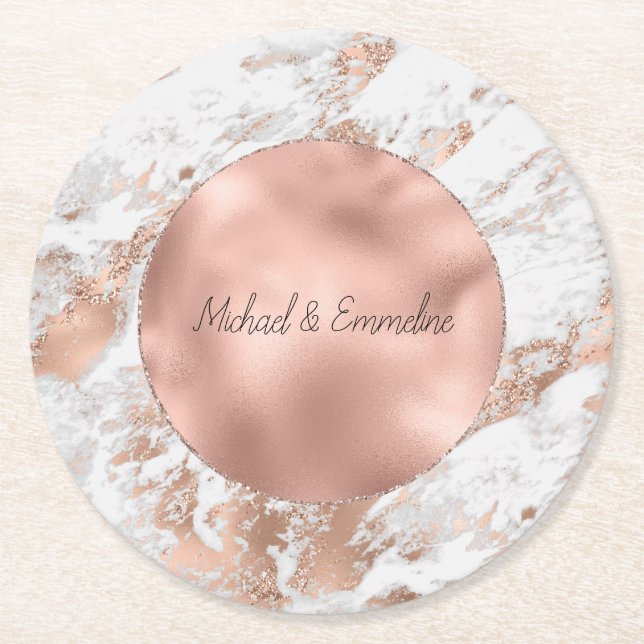 Rose Gold Glitz White Marble Wedding Runder Pappuntersetzer (Vorderseite)
