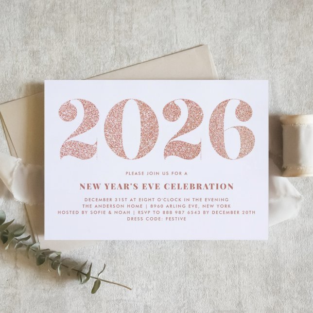 Rose Gold Glitzer 2024 Silvester Party Einladung (Customizable 2026 New Year's Eve party invitation featuring faux rose gold glitter.)
