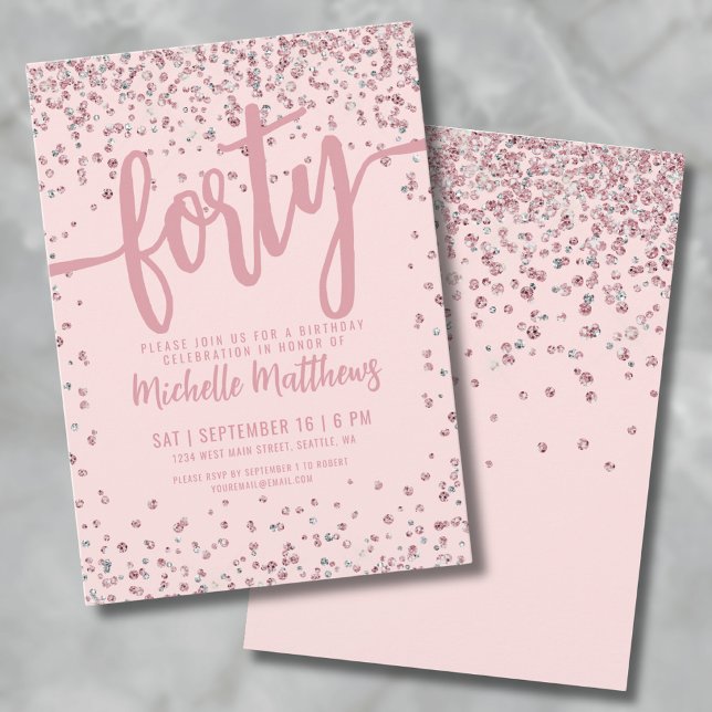 Rose Gold Glitzer 40. Geburtstag Einladung (Rose Gold Glitter 40th Birthday Invitation)